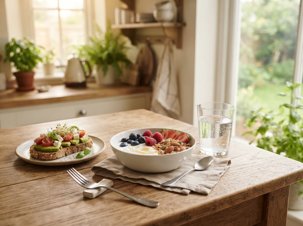 Glass of water and breakfast meal on bright kitchen table